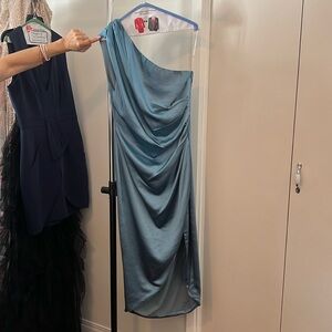 Silk off the shoulder blue elegant cocktail dress!